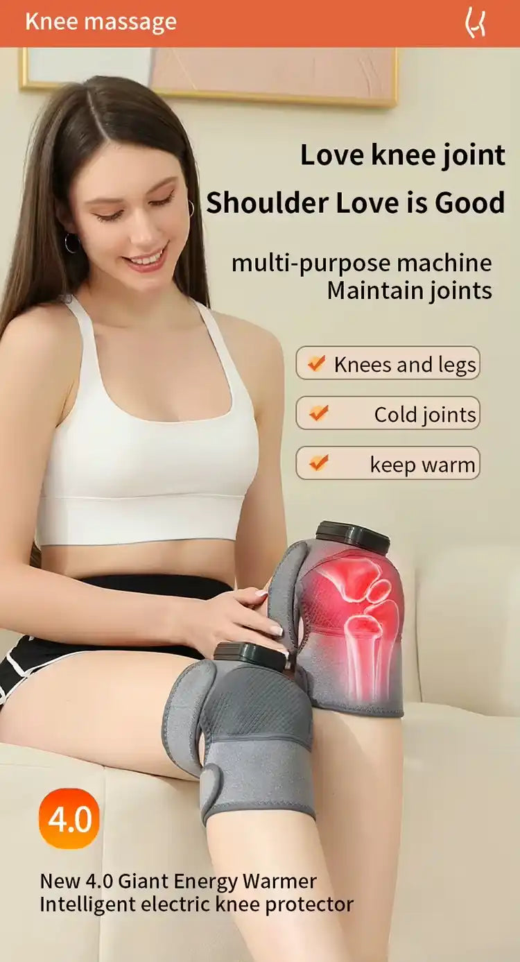Woman using a knee massage device with text highlighting its benefits on a beige background