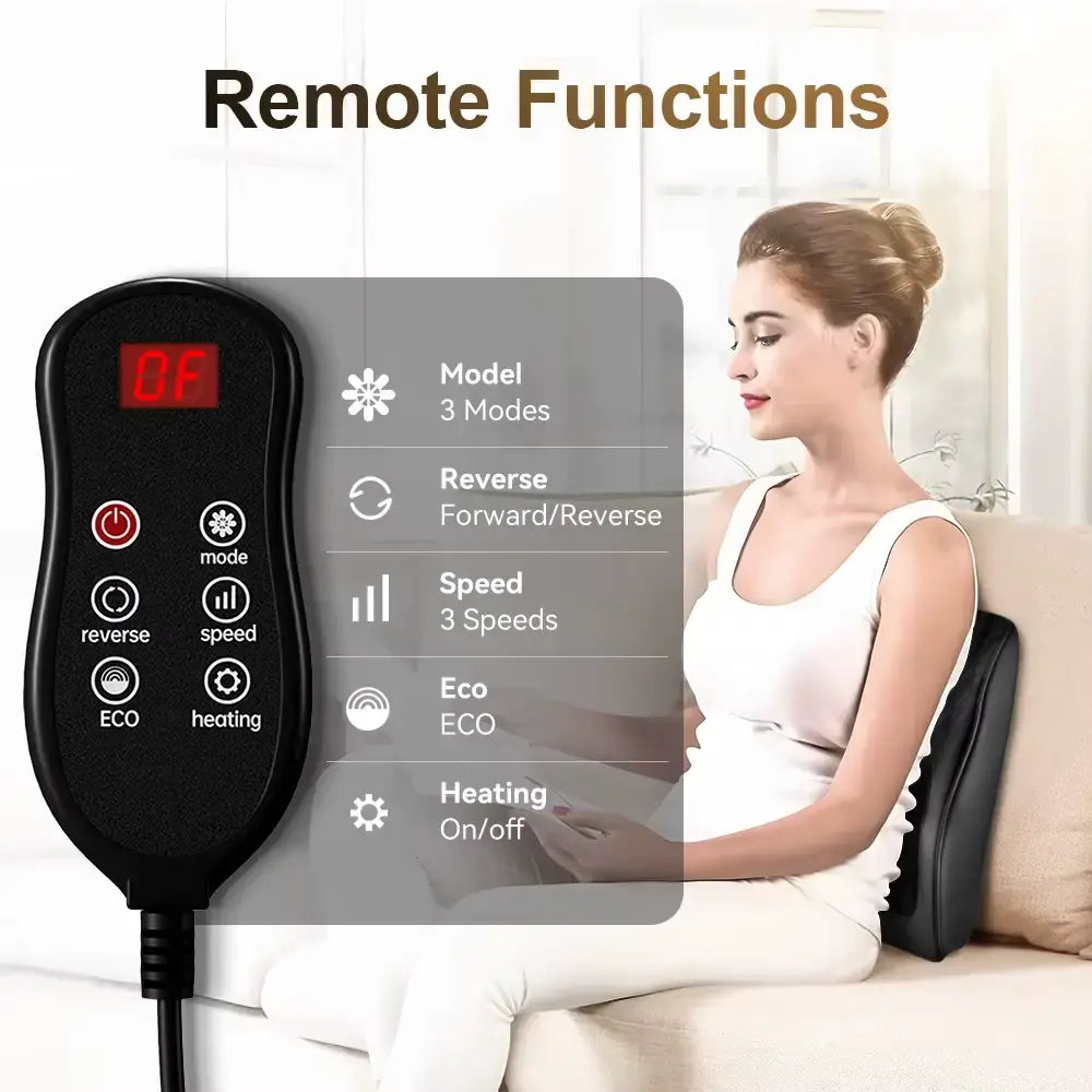 Luliqua ShoulderRelief remote control functions - woman using ergonomic handheld remote controller for shoulder and neck massager, LCD digital display showing massage modes and intensity levels, multiple control buttons for heat therapy adjustment, vibration speed settings, timer controls, mode selection between kneading and shiatsu massage, power on/off button, easy one-handed operation for convenient massage customization, wireless remote allows comfortable positioning during therapy session