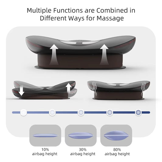 Luliqua TractionRelief multiple functions combined in different ways for massage - three views of black and gray S-shaped lumbar traction device showing versatile massage movements: top view shows bilateral upward lift with white arrows indicating simultaneous elevation on both sides, bottom left shows alternating up-down motion with arrows demonstrating rocking massage action, bottom right shows heat therapy with wavy lines indicating infrared warmth distribution