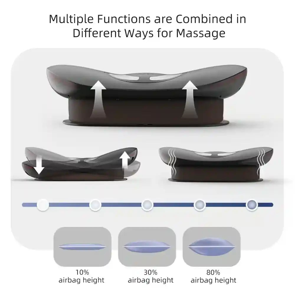 Luliqua TractionRelief multiple functions combined in different ways for massage - three views of black and gray S-shaped lumbar traction device showing versatile massage movements: top view shows bilateral upward lift with white arrows indicating simultaneous elevation on both sides, bottom left shows alternating up-down motion with arrows demonstrating rocking massage action, bottom right shows heat therapy with wavy lines indicating infrared warmth distribution