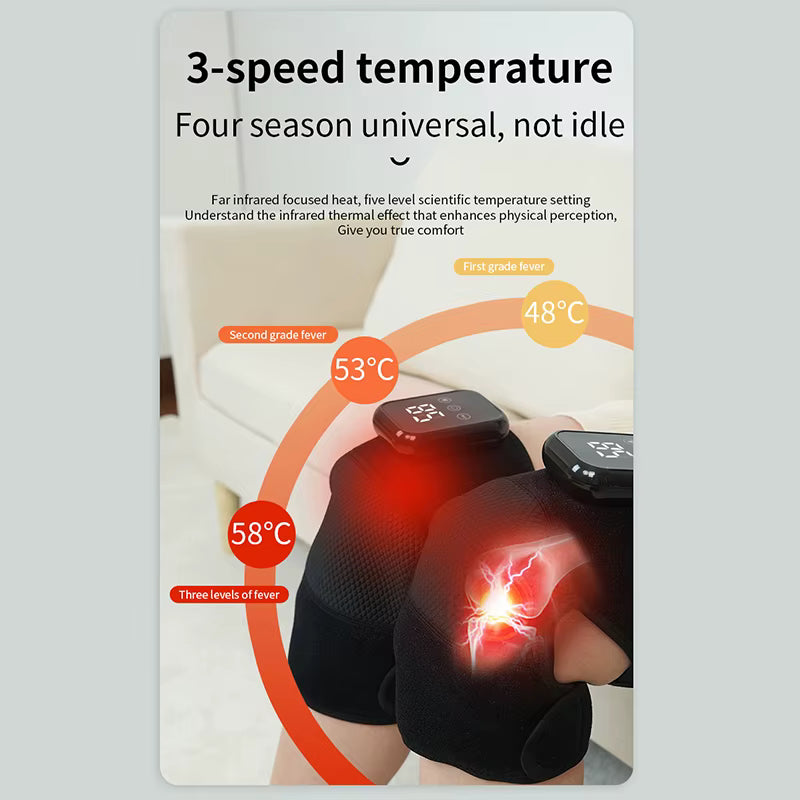 Luliqua KneeRelief 3-speed temperature knee pads - black wraps with red heat glow and lightning effect, three levels: 58°C high, 53°C medium, 48°C low, far infrared focused heat, four season universal use
