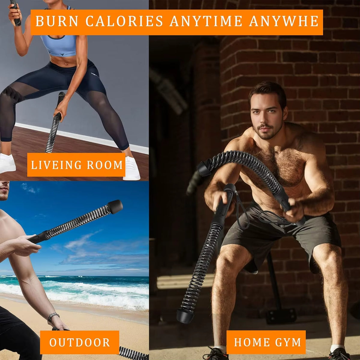 Luliqua Rope Battle resistance band versatile workout - athletic man demonstrating resistance band exercises in three different settings including modern living room with black performing upper body pulls, home gym with exercise equipment doing strength training, and outdoor park environment executing fitness routine, portable resistance training system for full-body workout anywhere anytime, suitable for living room fitness, home gym training, and outdoor exercise