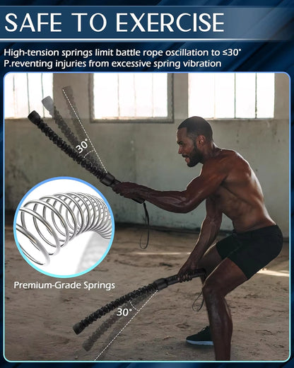 Luliqua Rope Battle premium resistance band with safety features - athletic man performing battle rope exercises demonstrating premium-grade stainless steel springs with reinforced connections, safety handles with anti-slip grip design, durable construction with protective spring covers, heavy-duty resistance training system with secure attachment points, professional-grade fitness equipment with enhanced safety mechanisms for injury-free workouts
