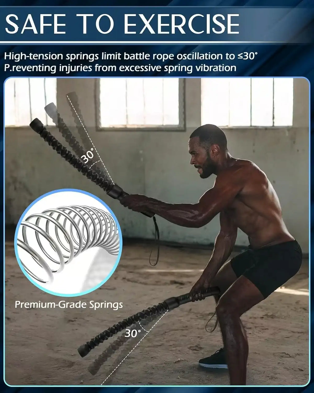 Luliqua Rope Battle premium resistance band with safety features - athletic man performing battle rope exercises demonstrating premium-grade stainless steel springs with reinforced connections, safety handles with anti-slip grip design, durable construction with protective spring covers, heavy-duty resistance training system with secure attachment points, professional-grade fitness equipment with enhanced safety mechanisms for injury-free workouts