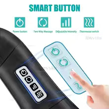Luliqua ShoulderRelief smart button remote control - hand pressing white remote with four teal icons showing functions: timer icon for timing control, two-way massage icon for bidirectional rotation, adjustable intensity icon with three bars for strength levels, thermometer/switch icon for heat therapy on/off, black U-shaped massager visible in background, intuitive one-touch operation for easy control of massage settings

