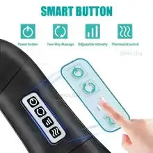 Luliqua ShoulderRelief smart button remote control - hand pressing white remote with four teal icons showing functions: timer icon for timing control, two-way massage icon for bidirectional rotation, adjustable intensity icon with three bars for strength levels, thermometer/switch icon for heat therapy on/off, black U-shaped massager visible in background, intuitive one-touch operation for easy control of massage settings
