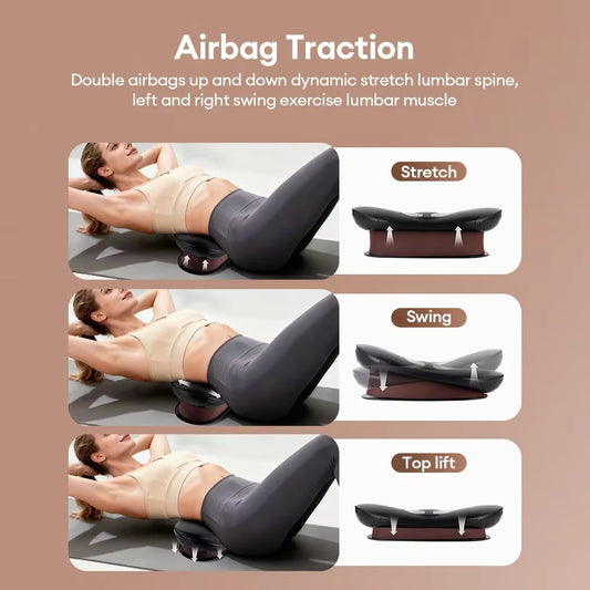 Luliqua TractionRelief airbag lumber traction device - beige inflatable collar on brown background, three illustrations show lying down use, sitting use, and pump mechanism, adjustable air pressure for lumber decompression