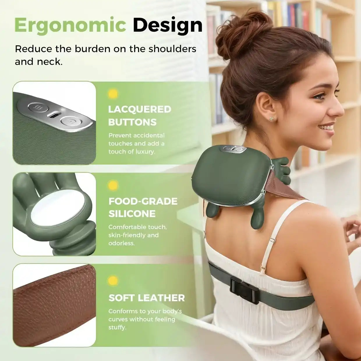 Luliqua ShoulderRelief ergonomic materials - woman demonstrating massager with callouts showing lacquered buttons, food-grade silicone, and soft leather design that reduces shoulder and neck burden