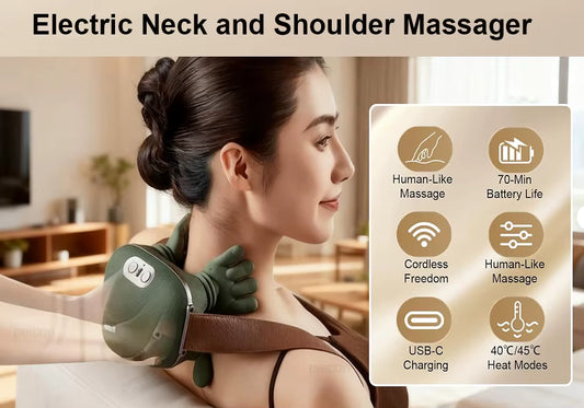 Luliqua ShoulderRelief electric neck and shoulder massager - woman in home using green cordless device, feature icons show human-like massage technology, 70-minute battery life, wireless freedom, USB-C charging, adjustable heat therapy 40°C and 45°C modes
