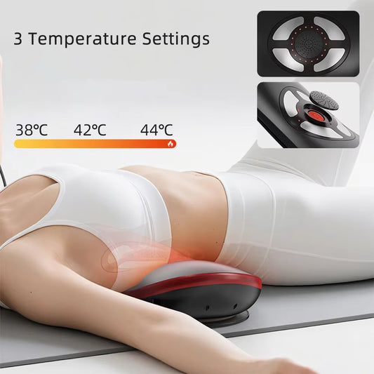 Luliqua TractionRelief 3 temperature settings heat therapy - woman lying on back in white athletic wear with black and gray S-shaped lumbar traction device positioned under lower back emitting red heat glow, temperature gradient bar shows three adjustable heat levels: 38°C (100°F) low gentle warmth in yellow, 42°C (108°F) medium therapeutic heat in orange, 44°C (111°F) high intense warmth in red with flame icon, top right insets show device top view with circular heating element and red indicator dots
