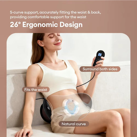 Luliqua TractionRelief 26° ergonomic design S-curve support - woman in white athletic wear sitting on beige couch holding black remote controller with blue LCD display showing "05", transparent overlay shows S-shaped lumbar traction device with 26-degree ergonomic curve fitting natural waist and back contours, three callout labels: "Surround both sides" pointing to bilateral support wings, "Fits the waist" indicating waist positioning, "Natural curve" highlighting anatomical S-shape design, text states "S-c
