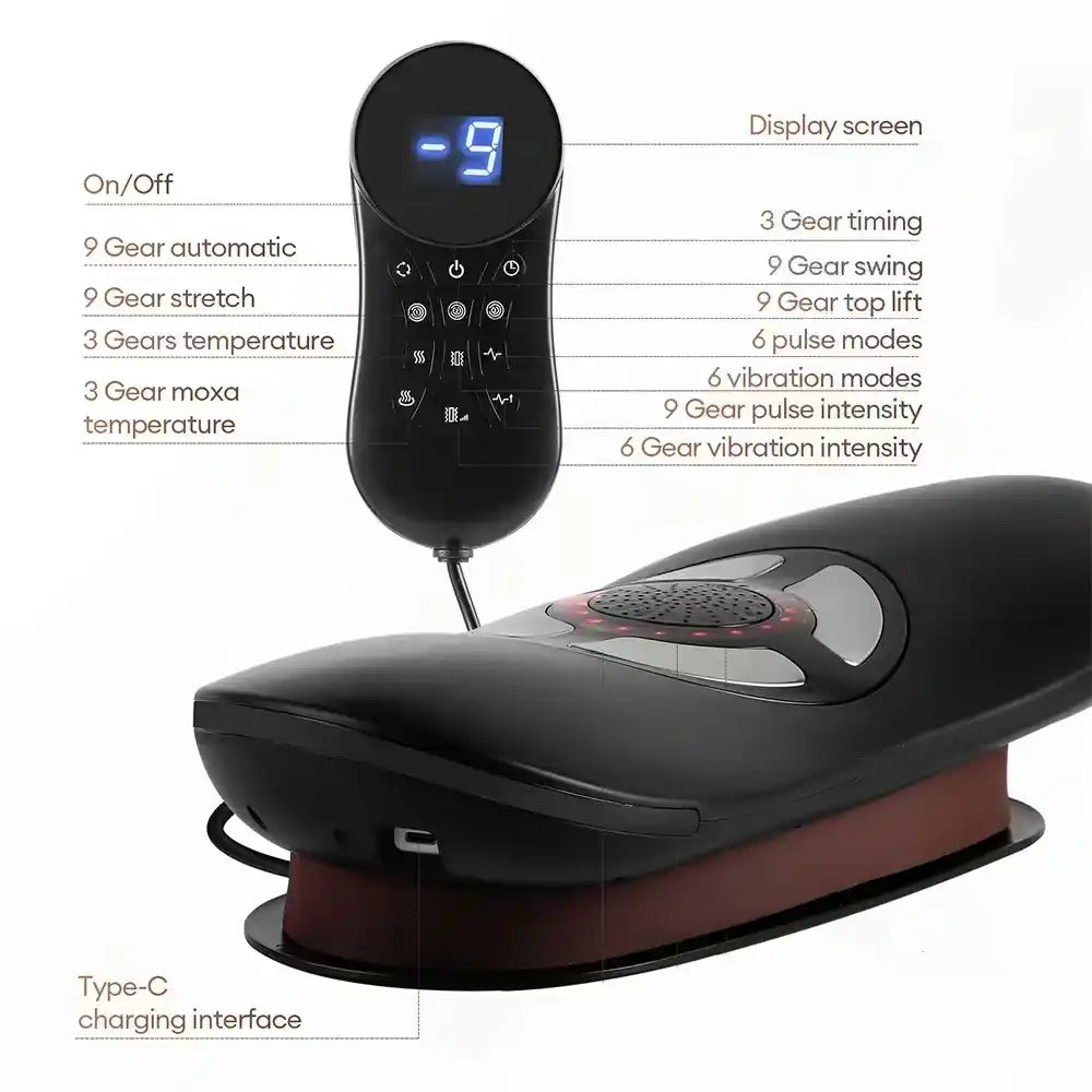 Luliqua TractionRelief lumbar traction device with advanced controller features - black S-shaped inflatable lumbar support pillow with brown base and Type-C charging port, connected to black handheld remote controller with blue LED display showing "-9", comprehensive control panel labeled with 14 functions: On/Off power button, Display screen showing settings, 3 Gear timing for session duration, 9 Gear automatic programs, 9 Gear swing for lateral movement, 9 Gear stretch for vertical traction.