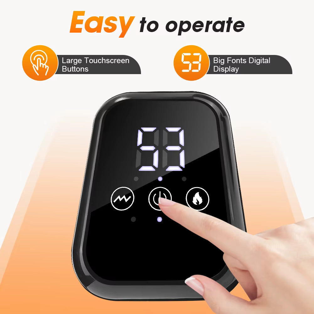 Luliqua KneeRelief user-friendly touchscreen controller - easy to operate interface, large touchscreen buttons for simple pressing, big fonts digital LED display showing 99, three intuitive icons for vibration timer and heat control, accessible design for elderly and all users, no complicated menus
