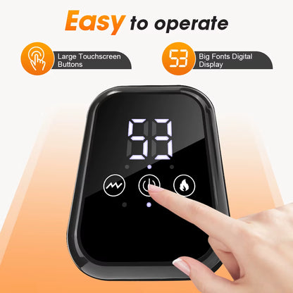 Luliqua KneeRelief user-friendly touchscreen controller - easy to operate interface, large touchscreen buttons for simple pressing, big fonts digital LED display showing 99, three intuitive icons for vibration timer and heat control, accessible design for elderly and all users, no complicated menus
