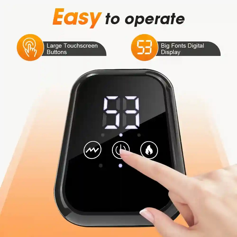 Luliqua KneeRelief user-friendly touchscreen controller - easy to operate interface, large touchscreen buttons for simple pressing, big fonts digital LED display showing 99, three intuitive icons for vibration timer and heat control, accessible design for elderly and all users, no complicated menus
