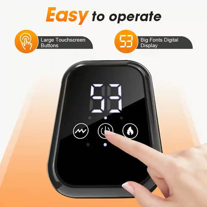 Luliqua KneeRelief user-friendly touchscreen controller - easy to operate interface, large touchscreen buttons for simple pressing, big fonts digital LED display showing 99, three intuitive icons for vibration timer and heat control, accessible design for elderly and all users, no complicated menus