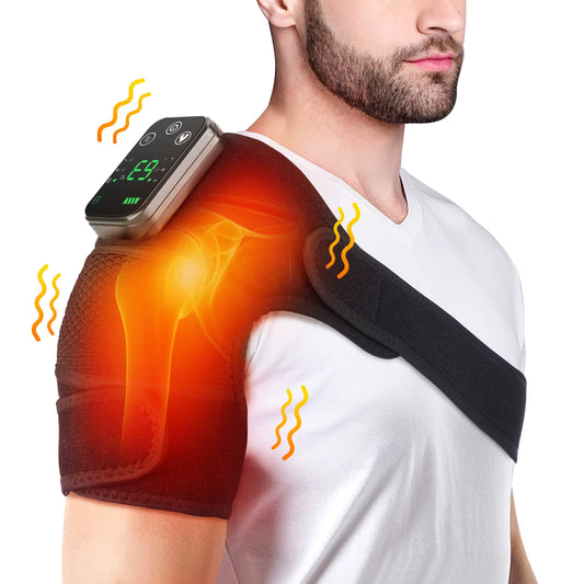 Luliqua heated shoulder massager - man demonstrating wearable device with digital temperature control, infrared heat therapy visualization shows red-orange glow penetrating shoulder muscles, four heat zones with yellow wavy indicators, adjustable 42°C temperature display, black chest strap, comprehensive shoulder pain relief and muscle recovery