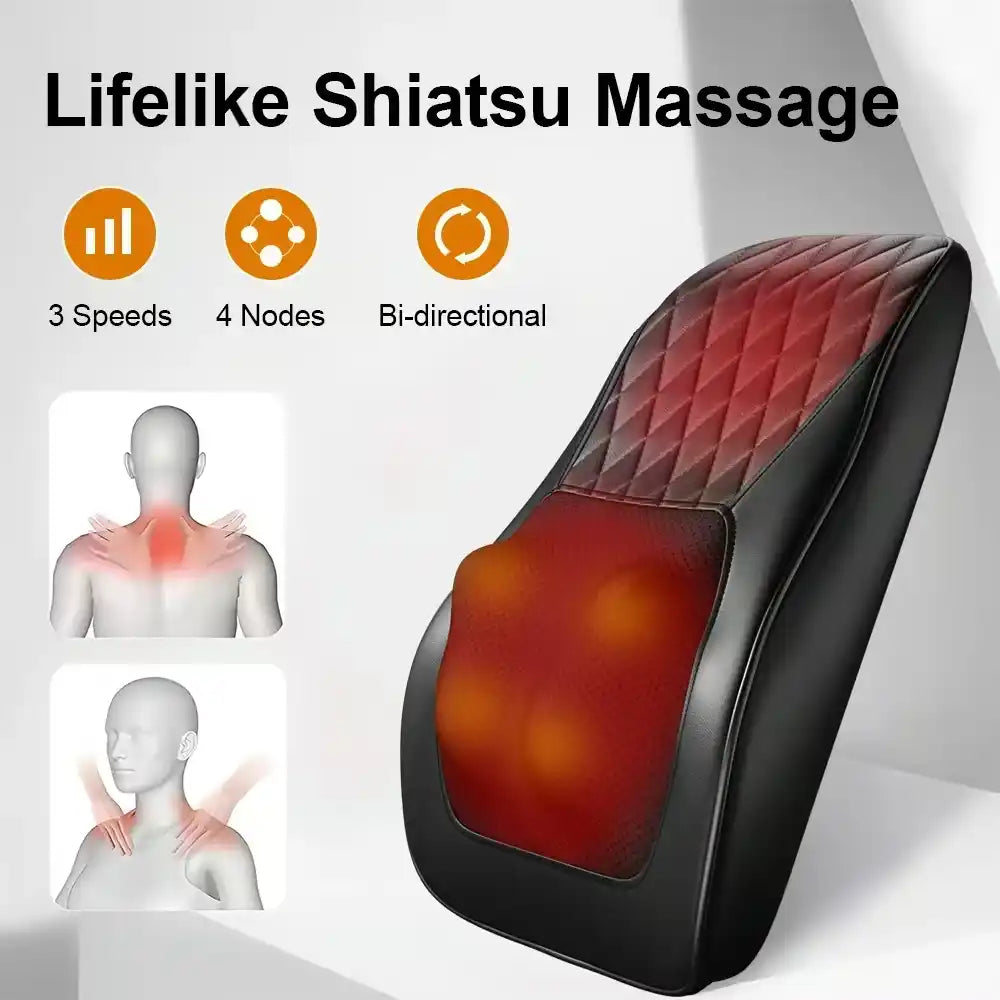 Luliqua ShoulderRelief shiatsu massage visualization - black neck pillow with red illuminated massage zones showing active kneading areas, infrared heat therapy indicators, lifelike Japanese shiatsu technique demonstration, white background product photography highlighting massage coverage and intensity