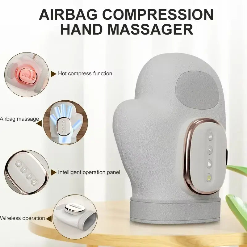 Handheld airbag compression hand massager with features highlighted on a white background