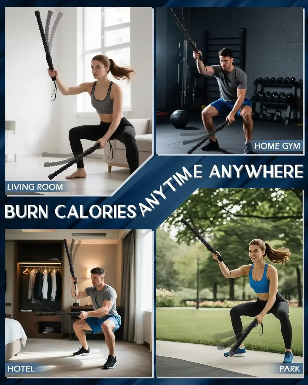 Luliqua PowerRope versatility collage - people using resistance bands in living room, gym, park, office, and hotel with "Burn Calories Anytime Anywhere" message