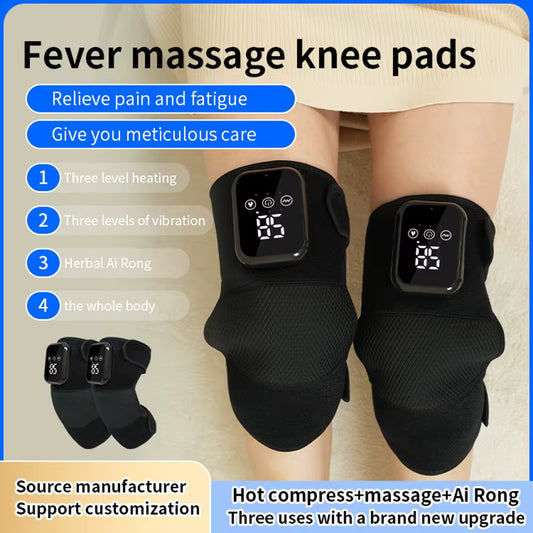 Luliqua Kneerelief fever massage knee pads - black heated wraps with LED displays showing 42 and 65, four features: three-level heating, three-level vibration, herbal Ai Rong, whole body use, combines hot compress massage and traditional medicine
