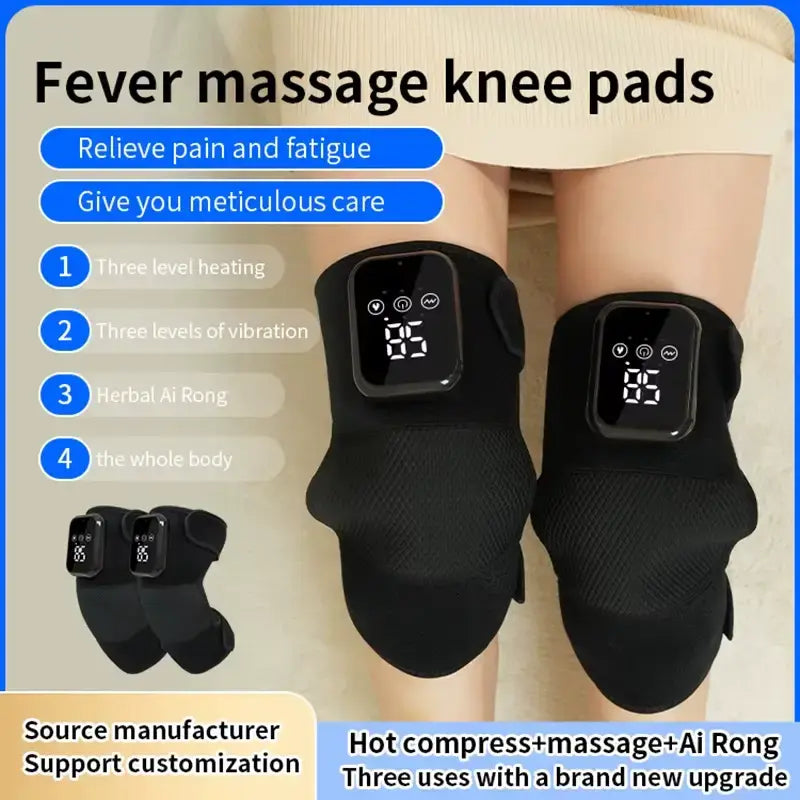 Luliqua Kneerelief fever massage knee pads - black heated wraps with LED displays showing 42 and 65, four features: three-level heating, three-level vibration, herbal Ai Rong, whole body use, combines hot compress massage and traditional medicine