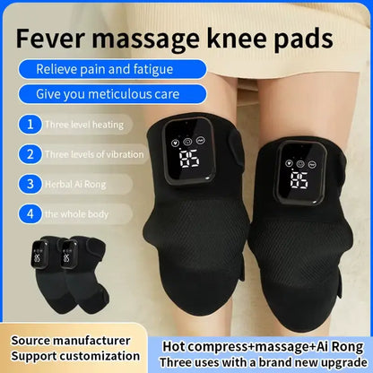 Luliqua Kneerelief fever massage knee pads - black heated wraps with LED displays showing 42 and 65, four features: three-level heating, three-level vibration, herbal Ai Rong, whole body use, combines hot compress massage and traditional medicine