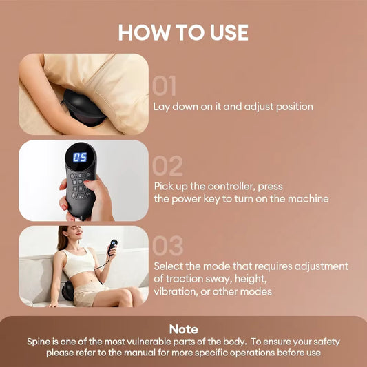 Luliqua TractionRelief lumbar traction device how to use instructions - three-step usage guide on tan/beige background: Step 01 shows person lying on beige inflatable lumbar pillow with black air pump positioned under lower back with text "Lay down on it and adjust position", Step 02 displays hand holding black remote controller with blue LCD display showing "05" and control buttons with text "Pick up the controller, press the power key to turn on the machine", Step 03 shows woman in white athletic wear sit