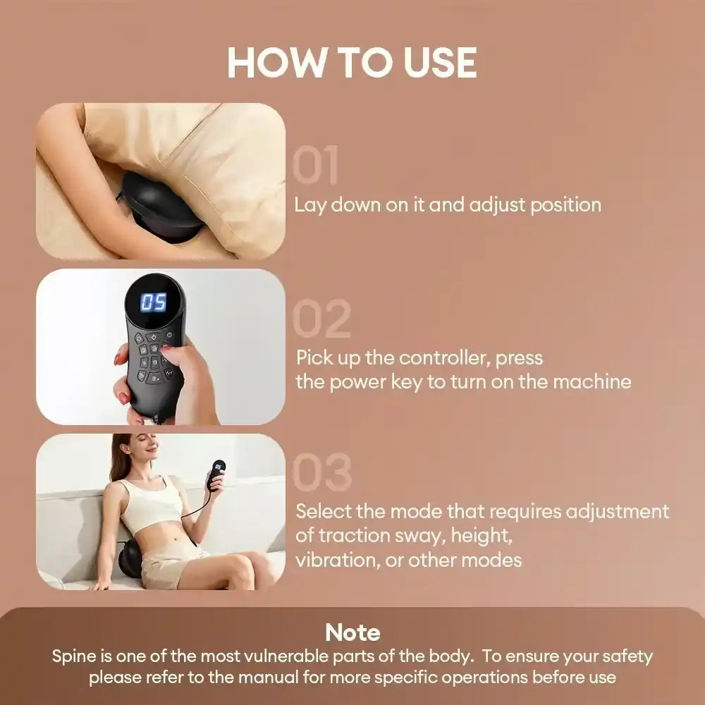 Luliqua TractionRelief lumbar traction device how to use instructions - three-step usage guide on tan/beige background: Step 01 shows person lying on beige inflatable lumbar pillow with black air pump positioned under lower back with text "Lay down on it and adjust position", Step 02 displays hand holding black remote controller with blue LCD display showing "05" and control buttons with text "Pick up the controller, press the power key to turn on the machine", Step 03 shows woman in white athletic wear sit