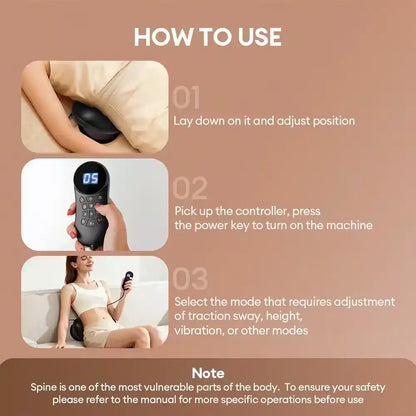 Luliqua TractionRelief lumbar traction device how to use instructions - three-step usage guide on tan/beige background: Step 01 shows person lying on beige inflatable lumbar pillow with black air pump positioned under lower back with text "Lay down on it and adjust position", Step 02 displays hand holding black remote controller with blue LCD display showing "05" and control buttons with text "Pick up the controller, press the power key to turn on the machine", Step 03 shows woman in white athletic wear sit