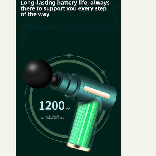 Luliqua PulseMini long-lasting battery life - teal green handheld percussion massager with black spherical massage head and white LED battery indicator, 1200mAh large capacity rechargeable battery shown with bright green glowing battery icon displaying full charge level, battery capacity indicator with green vertical bars, circular motion arrows showing continuous power, 1800mAh battery capacity provides full energy ready to go beyond your imagination, always there to support you every step of the way