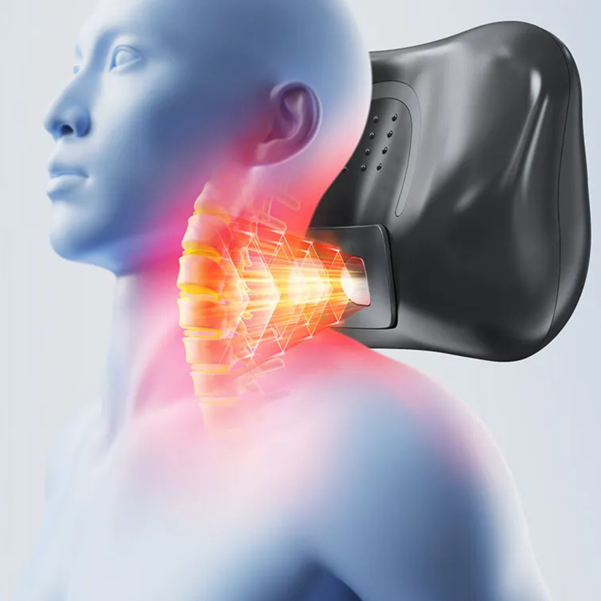 Luliqua NeckRelief infrared heat therapy demonstration - 3D medical illustration showing blue translucent human profile with dark gray cervical traction device positioned at neck, bright orange and yellow infrared heat waves radiating from device toward neck and shoulder area with pink heat glow, ventilation holes visible on device side, temperature chart below showing three heat levels from 40°C to 50°C with green, orange, and pink gradient zones indicating progressive warming therapy for cervical spine pa