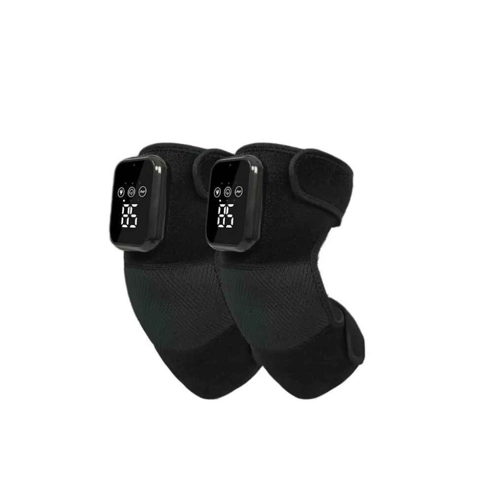 Luliqua KneeRelief good knee pads light life - pair of black heated knee massagers with LED digital display showing temperature, adjustable velcro straps for comfortable fit and portable knee pain relief