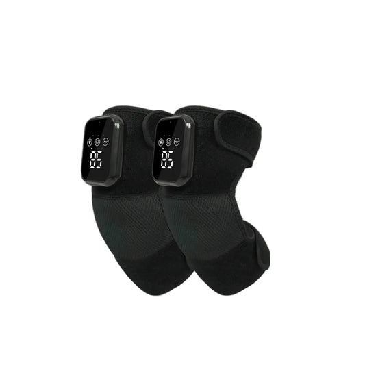 Luliqua KneeRelief good knee pads light life - pair of black heated knee massagers with LED digital display showing temperature, adjustable velcro straps for comfortable fit and portable knee pain relief