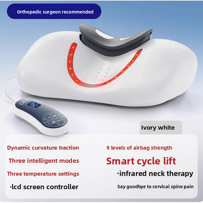Luliqua CervicalRelief orthopedic surgeon recommended ivory white - dark gray metallic ergonomic foot-shaped cervical traction device with curved neck cradle, bright red LED heat therapy lights in U-shaped pattern with ventilation holes, silver oval LCD screen remote controller with OES logo and blue digital display showing mode icons, dynamic curvature traction with three intelligent modes, three temperature settings, 9 levels of airbag strength, smart cycle lift, infrared neck therapy to say goodbye 