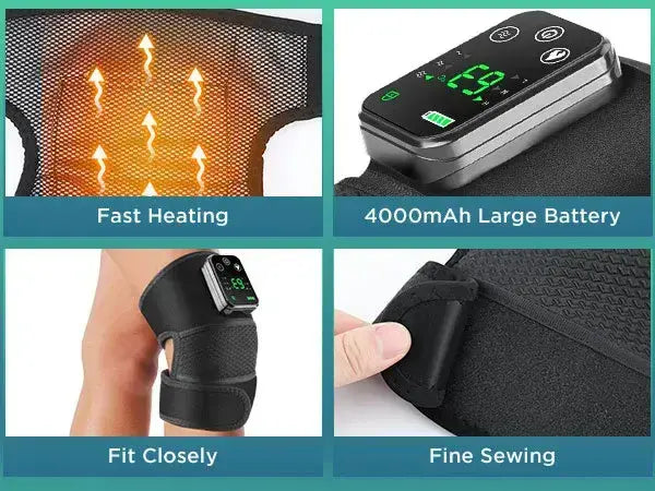 Luliqua ShoulderRelief 4 key features - fast heating with orange infrared heat through mesh fabric, 4000mAh large battery with LED display showing 69°C, fit closely on shoulder with adjustable strap, fine sewing with premium black fabric construction