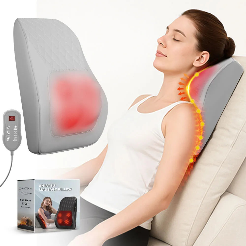 Luliqua ShoulderRelief shiatsu massage pillow complete package -grey ergonomic U-shaped neck and shoulder massager with kneading nodes, silver oval digital LCD remote controller with multiple function buttons, original retail packaging box displaying product image and features, all items arranged on clean white background, professional product photography showing what's included: massage pillow, wireless remote, user manual, power adapter, premium quality shiatsu therapy system for home use
