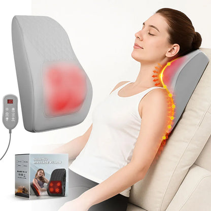 Luliqua ShoulderRelief shiatsu massage pillow complete package -grey ergonomic U-shaped neck and shoulder massager with kneading nodes, silver oval digital LCD remote controller with multiple function buttons, original retail packaging box displaying product image and features, all items arranged on clean white background, professional product photography showing what's included: massage pillow, wireless remote, user manual, power adapter, premium quality shiatsu therapy system for home use