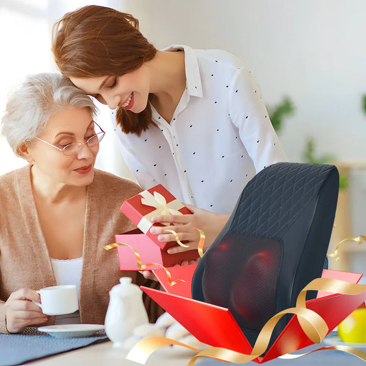 Luliqua ShoulderRelief perfect gift for family and friends - daughter giving navy blue quilted shiatsu massage pillow in red gift box to elderly mother, thoughtful wellness gift with infrared heat therapy