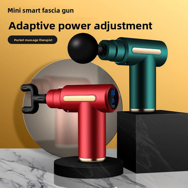 Two Luliqua PulseMini portable massage guns - red and teal green models with digital display and ball massage head, featuring adaptive power adjustment technology