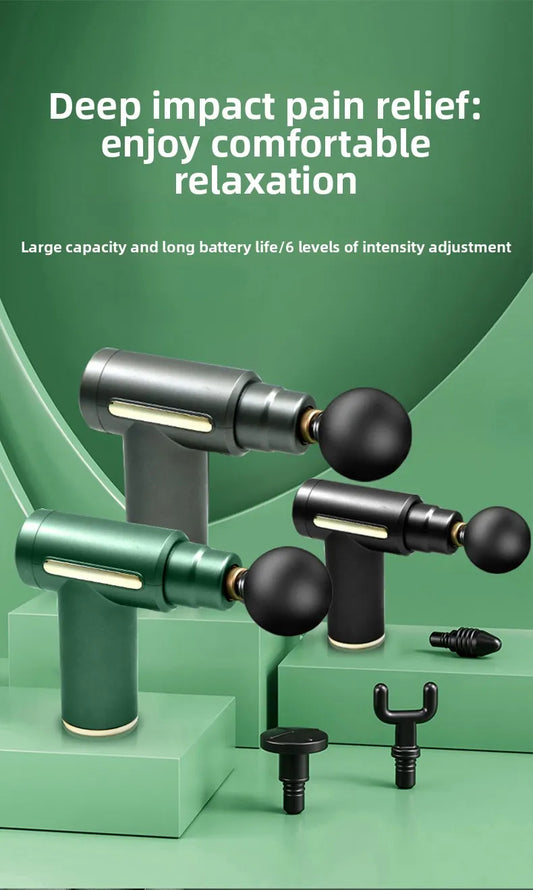 Luliqua PulseMini massage gun deep impact pain relief - three color variants including teal green, space gray, and black handheld percussion massagers with ergonomic pistol grip design, black spherical massage heads, gold accent rings, white LED battery indicators, displayed on geometric green platforms with four interchangeable massage head attachments including bullet head, flat head, U-shaped fork head, and round ball head, large capacity battery with 6 levels of intensity adjustment from 1800-3200 RPM