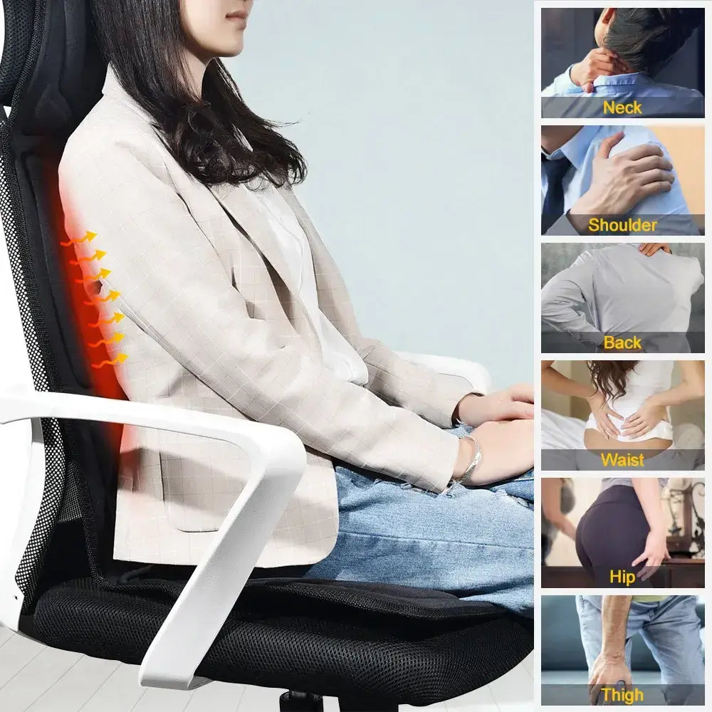 Luliqua SeatComfort massage cushion body area coverage - woman in beige blazer sitting on black mesh office chair with massage cushion showing red and orange heat visualization on upper back and spine, 6 usage demonstrations labeled Neck (hand on neck pain), Shoulder (hand on shoulder), Back (hand on mid back), Waist (hands on lower back), Hip (hand on hip area), and Thigh (hand on thigh) showing comprehensive full body massage coverage
