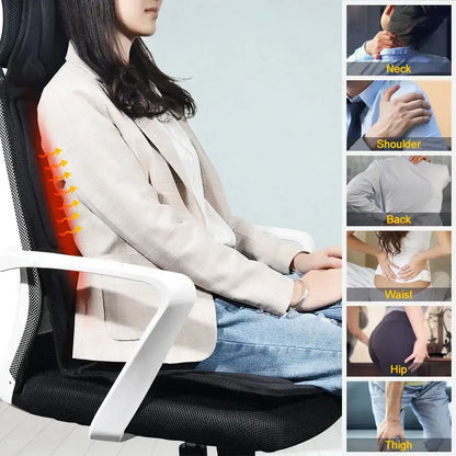 Luliqua SeatComfort massage cushion body area coverage - woman in beige blazer sitting on black mesh office chair with massage cushion showing red and orange heat visualization on upper back and spine, 6 usage demonstrations labeled Neck (hand on neck pain), Shoulder (hand on shoulder), Back (hand on mid back), Waist (hands on lower back), Hip (hand on hip area), and Thigh (hand on thigh) showing comprehensive full body massage coverage