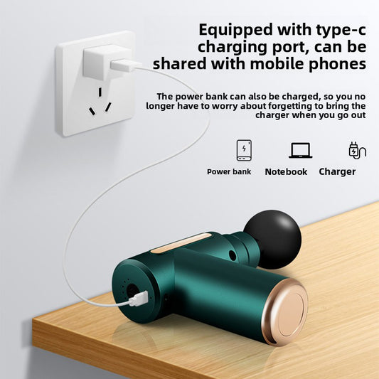 PulseMini massage gun charging with Type-C cable compatible with power bank, notebook, and wall charger for versatile portable use