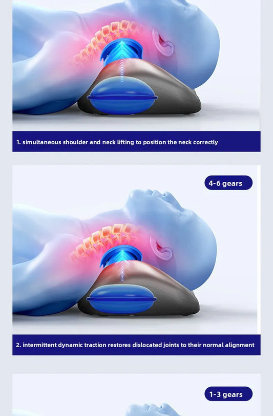 Luliqua NeckRelief three-step cervical traction therapy demonstration - 3D medical illustration showing blue translucent neck and shoulders resting on dark gray cervical traction device with bright blue inflatable airbag, pink and orange glowing heat therapy highlighting cervical spine vertebrae and shoulder area, step 1 simultaneous shoulder and neck lifting to position neck correctly, step 2 intermittent dynamic traction with 4-6 gears restores dislocated joints to normal alignment, step 3 with 1-3 gears 