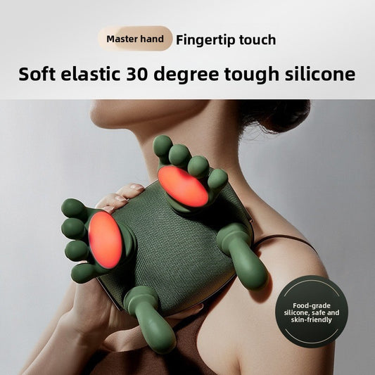 Luliqua NeckEase soft elastic 30 degree tough silicone - food-grade silicone safe and skin-friendly, master hand fingertip touch control, orange heat pads glowing on green massage arms for neck relief