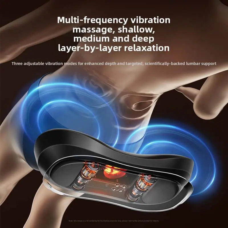 Luliqua TractionRelief multi-frequency vibration massage with 3 adjustable modes - woman lying on black massage pillow showing internal mechanism with vibration motors and red glowing heat elements, blue energy waves visualization for shallow, medium and deep layer-by-layer relaxation, scientifically-backed lumbar support