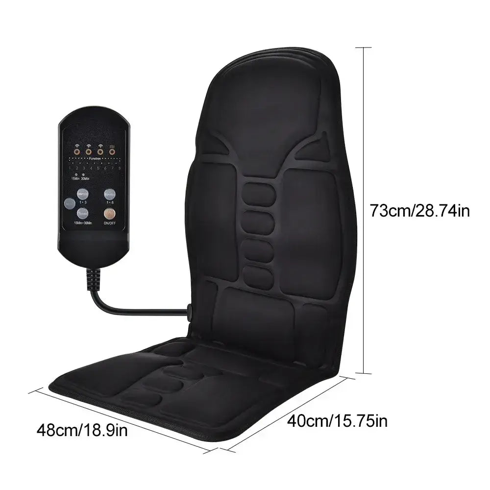 Luliqua SeatComfort massage seat cushion dimensions - black padded massage cushion with wired remote control showing measurements 73cm height (28.74in), 48cm width (18.9in), 40cm depth (15.75in), remote with 4 indicator lights, function buttons (1-8 modes), intensity control (1-3), timer (15min-30min), and ON/OFF button