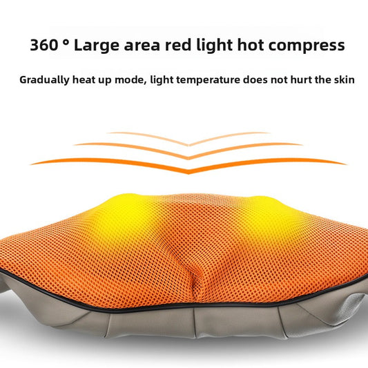Luliqua ShawlRelief 360-degree large area red light hot compress - cross-section diagram showing orange mesh fabric with yellow and red infrared heat zones radiating from center, three orange gradient layers above showing heat distribution, beige padded base with gray support structure, gradually heat up mode with light temperature that does not hurt the skin