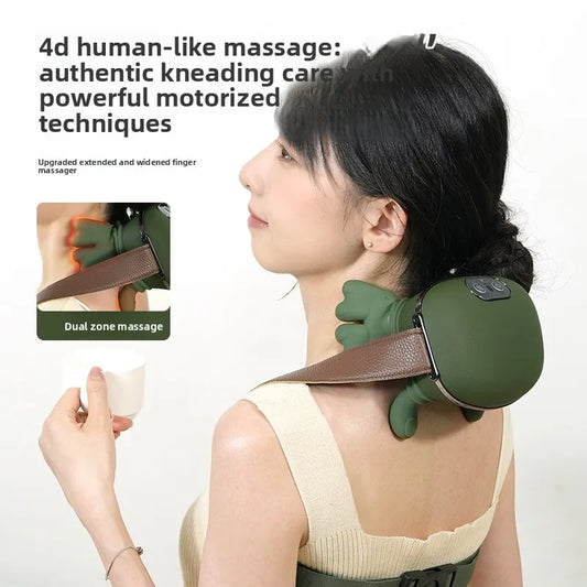 Luliqua NeckEase 4D human-like massage - authentic kneading care with powerful motorized techniques, upgraded extended and widened finger massager, dual zone massage with brown adjustable strap for neck and shoulders